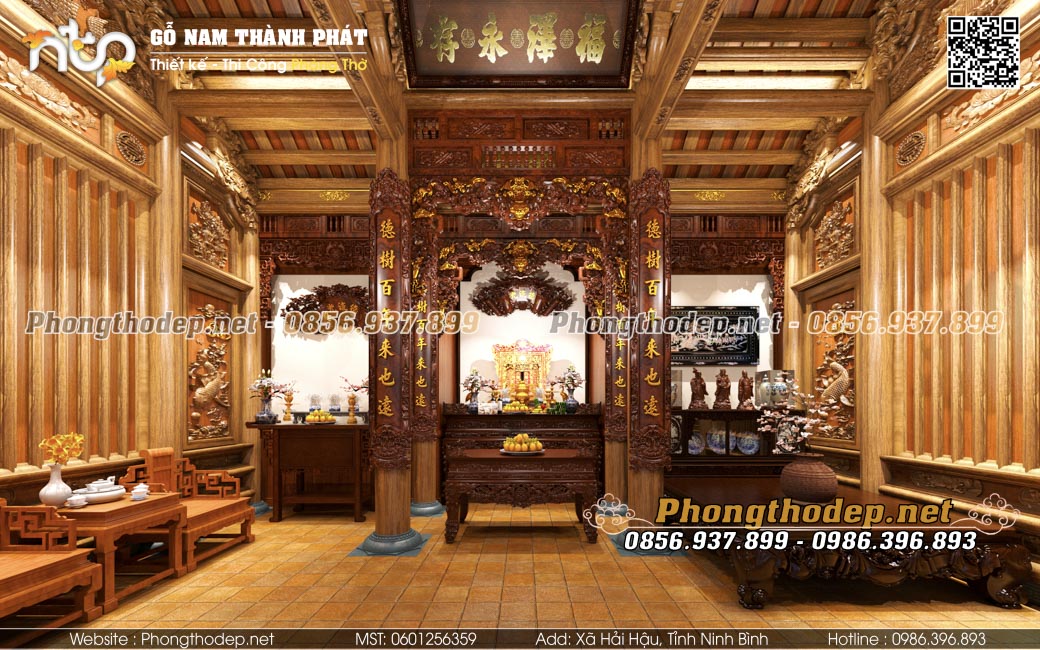 Mẫu thiết kế nội thất phòng thờ nhà 3 gian gỗ đẹp 